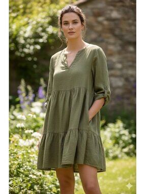 Bella Umbra M Taupe Linen Dress Italy Prairie Modest Cottagecore Lagenlook Boho